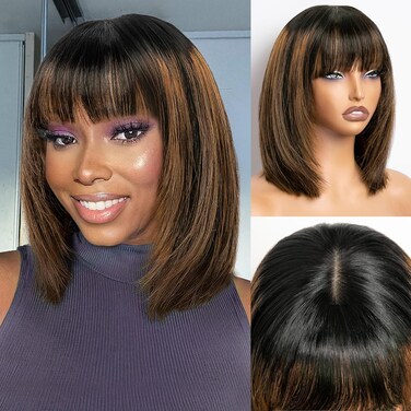 Bang Wigs Human Hair Glueless Straight Layered Bob Hairstyle 4x2 Transparent Lace Ombre Brown Highlights for Women 12 Inch