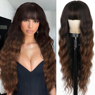 30 Inch Long Brown Wig With Bangs, Ombre Brown Wig for Women, Synthetic Curly Wavy Natural Looking Wig Heat Resistant Fiber Daily Party Use