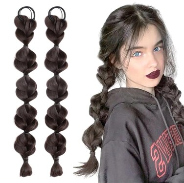 Bubble Ponytail Wig Synthetic Braided Extensions with Hair Ties Hair Band Hairpieces for Women Girls DIY Daily Wear Hair Accessories (Brownish Black)