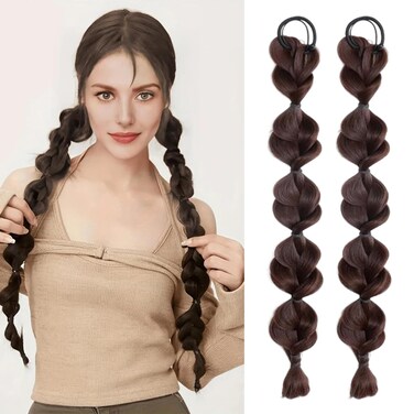 Bubble Ponytail Wig Synthetic Braided Extensions with Hair Ties Hair Band Hairpieces for Women Girls DIY Daily Wear Hair Accessories (Dark Brown)