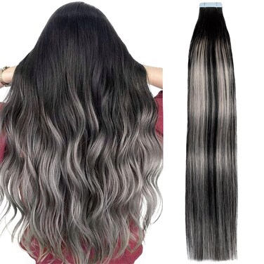 Tape in Hair Extensions Human Hair Ombre Balayage Black Roots to Grey Highlight Black Seamless Invisible Tape in Hair Extensions Colored Straight Real Remy Human Hair Weft 18 Inch 20 Gram 10 Pieces