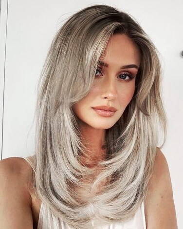 Ombre Brown Blonde Wigs with Bangs, Natural Wavy Synthetic Hair 613 Wigs for Women, Middle Part Rooted Wig 20 inch EALGA-219