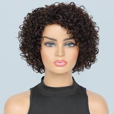 UDU Short Curly Human Hair Wigs For Black Women Dark Brown Human Hair Curly Wigs Non Lace Glueless Wigs Human Hair Side Part Wigs (2#)