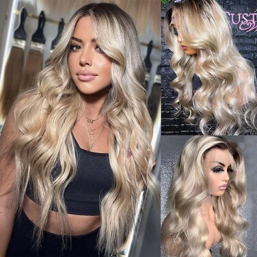 Ombre Highlight Ash Blonde Lace Front Wigs Human Hair Pre Plucked 13x4 Straight Balayage HD Transparent Lace Front Human Hair Wigs For White Women (28inch, Ombre Ash Blonde)