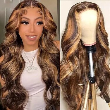 DOSAY Highlight Ombre 13x4 Hd Transparent Lace Front Human Hair Wig 26 Inch Brown Honey Blonde Body Wave Glueless Wigs 180% Density for Woman