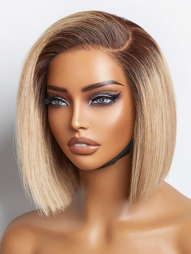LUVME HAIR Ash Blonde Short Bob Wig - Human Hair, Glueless, Blunt Cut Style, HD Lace Closure, Pre Plucked, Side Parted Ombre Straight, 8 Inch