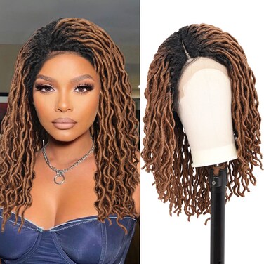 Kalyss 18" Side Part Locs Wigs Dreadlock Wigs for Black Women Lace Front Braided Wig with Baby Hair Curly Locs Wigs Japan-made Synthetic Braided Twist Wigs(Ombre Black to Brown)