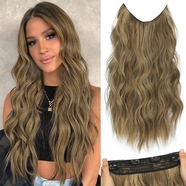 Long Wavy Hair Extensions Honey Blonde with Highlight Transparent Fish Line Synthetic Hairpiece with 4 Secure Clips Adjustable Invisible Wire Headband for Women Daily Use（20 Inch）