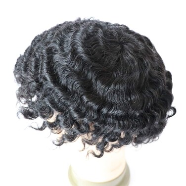 Male Afro Toupee Hair Braids12mm Wave 360 Curly Man Hair Unit 1B Off Black 100% Human Hair Afro Curly Hairpiece Men's Wig 8x10inch Men's Hair Systems Translucent French Lace