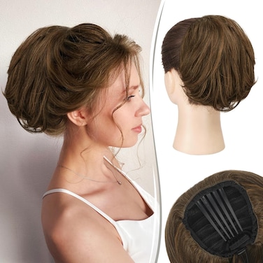 RUWISS Real Human Hair Bun Short Drawstring Ponytail Hair Pieces for Women, Natural Straight Updo Bun Comb Clip in Ponytail Extension for Women, Brown Mixed
