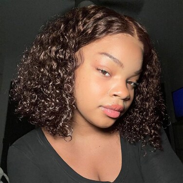 Chocolate Brown Glueless Wigs Human Hair Pre Plucked Pre Cut 180% Density Closure Wigs Human Hair Bob Wig Curly Human Hair Wig Wear and Go Glueless Wig for Women 8 Inches