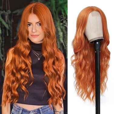 YESEGO Long Ginger Orange Curly Wavy Wig For Women 26 Inch Synthetic Lace Front Wig Middle Part Wig Heat Resistant Fiber Natural Body Wave Wigs For Daily Party Use (Ginger)