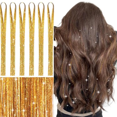 WENNALIFE Hair Tinsel for Girls, Gold Fairy Hair Tinsel Kit 1200 Strands 6PCS 48 Inch Heat Resistant Glitter Tinsel Hair Extensions Kit Christmas Angel Hair Feathers Tinsel for Hair Sparkle Strands