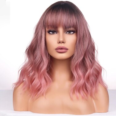 Short Ombre Wig to Curly Wavy with Bangs Bob Wigs Heat Resistant Synthetic Black Ombre Pink