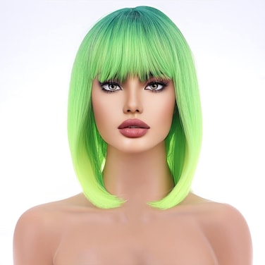 Neon Green Bob Wigs Ombre Green Wig for Women Short Straight Wig with Bangs Lime Green Wigs Synthetic Heat Resistant Wigs ST Patricks Day Wig Halloween Party Wig with Wig Cap