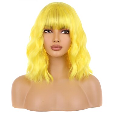 Short Yellow Bob Wig with Bangs for Women Bright Yellow Curly Wavy Hair Wigs Heat Resistant Synthetic Wig