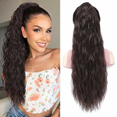 Dark Brown Ponytail Extension for Women Wavy Drawstring Ponytail Curly Ponytail Extension for Black Women 26 Inch Long Ponytail Extension Clip in Ponytail Hair Extensions Pony Tails Hair Extensions