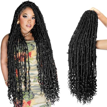 Butterfly Locs Crochet Hair with Curly Ends 30 Inch, 6 Packs Boho Distressed Locs Hair Extensions, Bohemian Goddess Faux Butterfly Braids Can be Used for Wigs (1B, Natural Black)