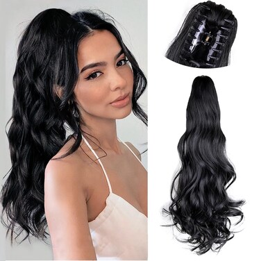 Ponytail Extension 22Inch Claw Clip In Ponytail Hair Extensions 150g/pack Pony Tail Extensions Natural Wavy Synthetic Curly Hairpiece For Women(Black,1B)