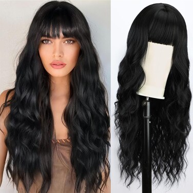 BOGSEA Black Wigs with Bangs Long Wig for Women Long Wavy Wigs with Bangs Synthetic Heat Resistant Fiber Wigs for Daily Party 26 Inch