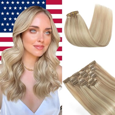 Elailite Clip in Human Hair Extensions, 125g 14 Inch 7pcs #16P22 Light Blonde Highlighted Golden Blonde 100 Real Human Hair, Double Weft Soft Natural Straight Brazilian Remy Human Hair for Women