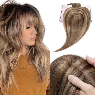 Elailite Hair Toppers for Women Real Human Hair Topper with Bangs Thinning Thin 5.1"x2.8" Silk Base Clip in Remy Hairpieces 18 Inch Chocolate Brown mix Dark Blonde