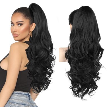 REECHO Ponytail Extension, 26 Inch Drawstring Ponytail Extension Long Curly Wavy Pony Tails Hair Extensions Natural Fake Synthetic Clip in Ponytail Hairpiece for Women Daily, Natural Black