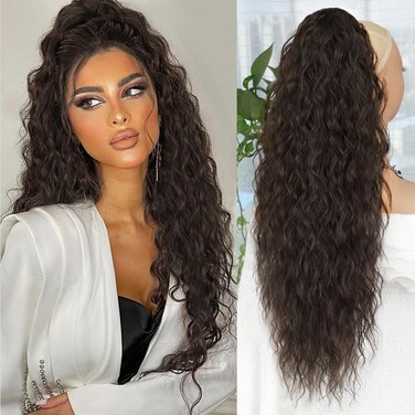 ALXNAN Claw Clip Ponytail,26 Inch Dark Brown Ponytail Extension for Women Synthetic Long Curly Wavy Clip in Ponytail Hair Extensions Synthetic Hairpiece for Daily Party Use
