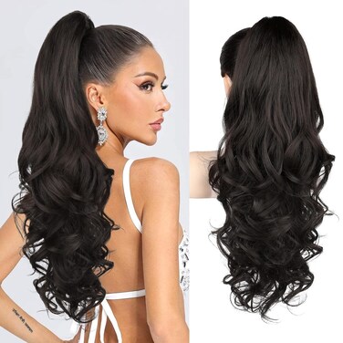 REECHO Ponytail Extension, 24" Claw Clip in Ponytail Extension Long Curly Wavy Ponytail Hair Extension Jaw Clip on Pony Tails Hairpiece for Women - Black Brown