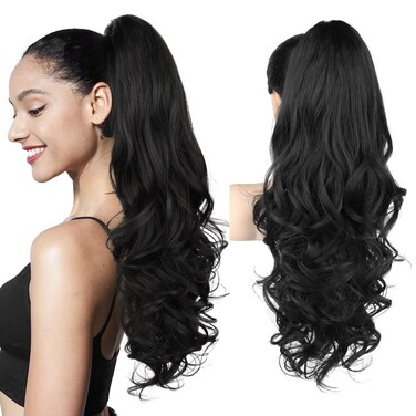 REECHO Ponytail Extension, 24" Claw Clip in Ponytail Extensions Long Curly Wavy Ponytail Hair Extension Jaw Clip on Pony Tails Hairpiece for Women - Natural Black
