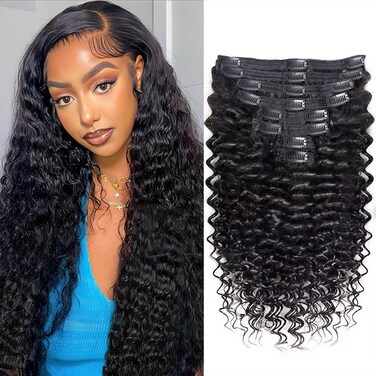Clip In Extension Deep Wave Full Head for Black Women Brazilian Remy Human Hair Natural Color 8Pcs with18clips 120g/Sett (24 inch)