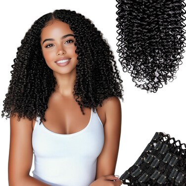 SIYUSI Kinky Curly Clip In Extensions, 3C 4A 100% Brazilian Remy Human Hair Clip Ins, Invisible &amp; Scalp-Friendly, Natural Black Color, 3.52oz, 7Pcs (16 Inch)