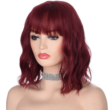morvally Red Wigs for Women Burgundy Red Wig with Bangs Short Dark Wine Red Wavy Synthetic Hair Bob Wigs for Womens Daily Wear 12 Inch