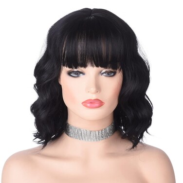 Short Black Wavy Wig with Bangs for Women 12 Inch Natural Synthetic Hair Bob Wigs for Womens Daily Wear (Black)