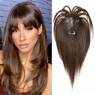 Hair Toppers for Women Real Human Hair, Bangs Hair Clip 360&deg; 3D Cover Wispy Fake Clip in Bangs Hair Extensions, Hair Topper Hair Pieces for Women (Mocha Brown)