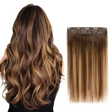 Winsky Hair Extensions Real Human Hair - One Piece Brown Balayage Remy Hair Extensions Clip on 90gram for Women (20inch, #4T27P4)