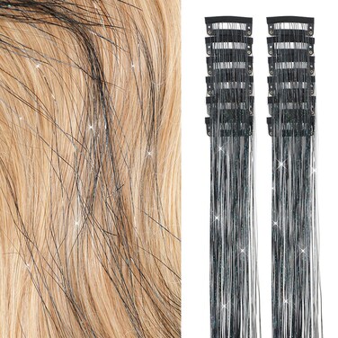 20Inch Fairy Hair Tinsel Extensions Kit with 12Pcs Glitter Hair Clips, Heat Resistant Sparkly Accessories for Women, Girls &amp; Kids (Black)