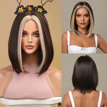Mix Blonde Brown Short Bob Wigs for Women Heat Resistant Synthetic Colored Wig 150 Density Natural Middle Part Straight Wig for Cosplay Party(14 Inch)