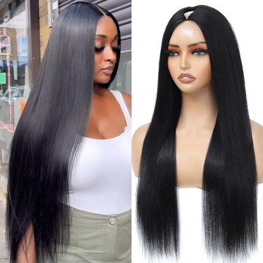 V Part Wigs Human Hair Straight Minimal/No Leave Out Upgrade U Part Wig for Black Women 200% Density Clip in Half Wig No Lace No Glue No Sew Natural Black 22 Inch