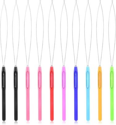 10 PCS Hair Extension Loop Needle Threader Bead Device Pulling Hook Tool Wire Pulling Hook Tool and Bead Device Micro Links Kit for Hair and Feather Extensions (Multicolored)