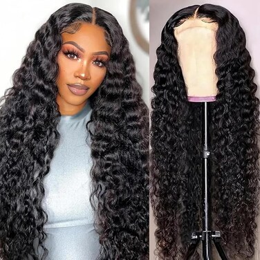 Transparent Lace Frontal Wigs Human Hair with Pre-Plucked Deep Wave Frontal Wig Long Middle Part Curly Glueless Wigs for Women Girls Transparent Lace Frontal Wigs (26inch, Black)