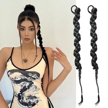 yueton 2PCS Braided Ponytail Hair Extensions Y2K Long Ponytail Extensions Braids Cool Fake Hairpieces Synthetic Hairpieces for Women