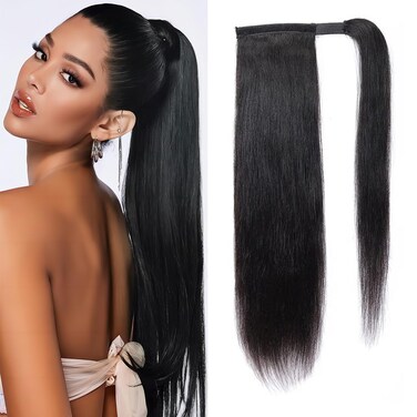 Straight Human Hair Ponytail Extension Human Hair Straight Wrap Around Ponytail Human Hair Ponytail with Magic Paste Wrap Around Natural Black Clip in Hair Extension for Women 22 Inch