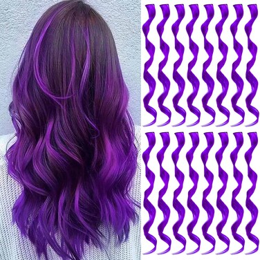 16 Pcs Colored Hair Extensions Curly Wavy Clip in Synthetic Hairpiece Streak for Girls Women Kid, Multi-colors Party Highlights Cosplay Festival Gift(Purple)
