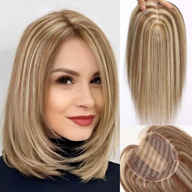 starluck 5x5 inch Lage Silk Base 14 Inch Real Human Hair Toppers for Women,60 Gram High volume, 100% Real Human Hair Toppers for Women with thinning hair hair loss（Brown Mixed Blonde, no Bangs