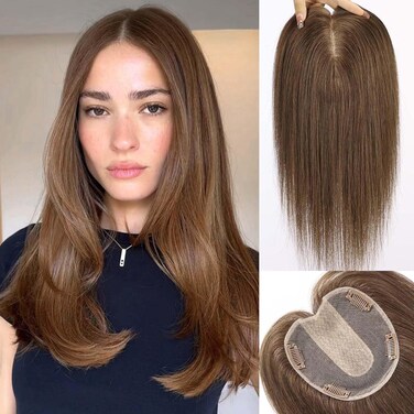 starluck 5x5 inch Lage Silk Base 14 Inch Real Human Hair Toppers for Women,60 Gram High volume, 100% Real Human Hair Toppers for Women with thinning hair hair loss（Brown, no Bangs