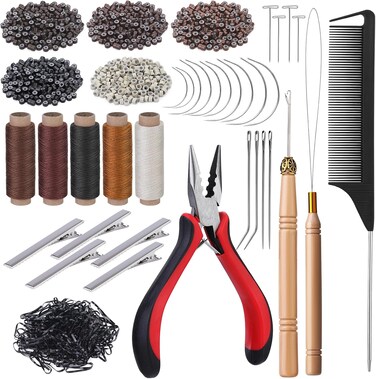 Fedmut Hair Extension Tools Kit, 5 Colors 1000Pcs Micro Silicone Rings Beads with Hair Extension Remove Pliers, Pulling Hook, Threads, Needle for Hair Extensions Hair Styling