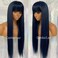 Long Straight Synthetic Wigs with Bangs Dark Blue Color Glueless Heat Resistant Synthetic None Lace Wigs for Black Women