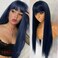 Long Straight Synthetic Wigs with Bangs Dark Blue Color Glueless Heat Resistant Synthetic None Lace Wigs for Black Women