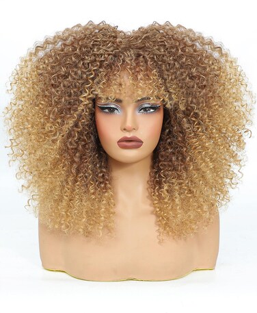 16 Inch Curly Wig Afro Curly Wigs for Black Women Afro Kinky Curly Wig With Bangs Full and Fluffy Glueless Wig Synthetic Hair Replacement Wigs for Cosplay and Daily (Ombre Blonde)